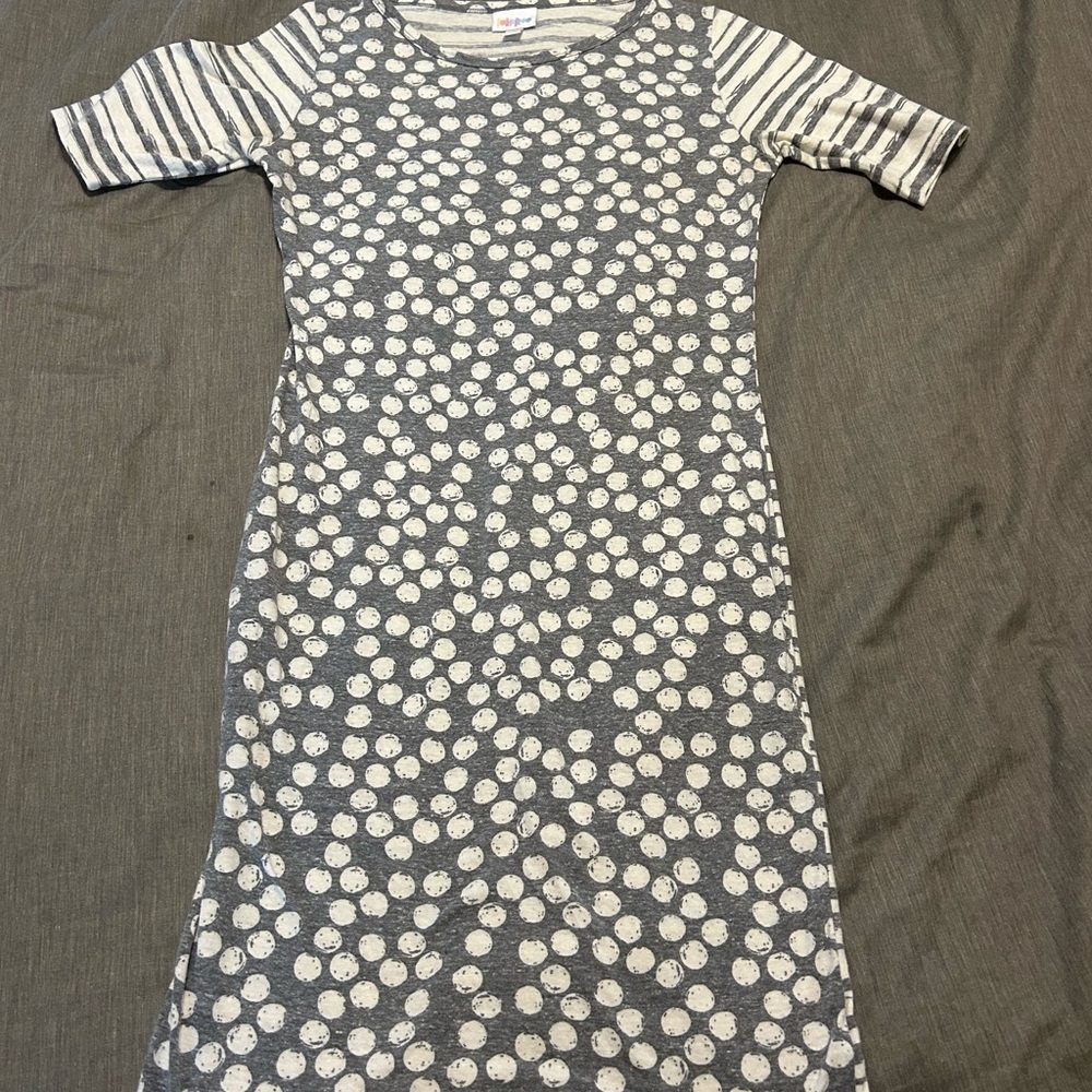 LuLaRoe Gray and White Polka Dot Midi Dress